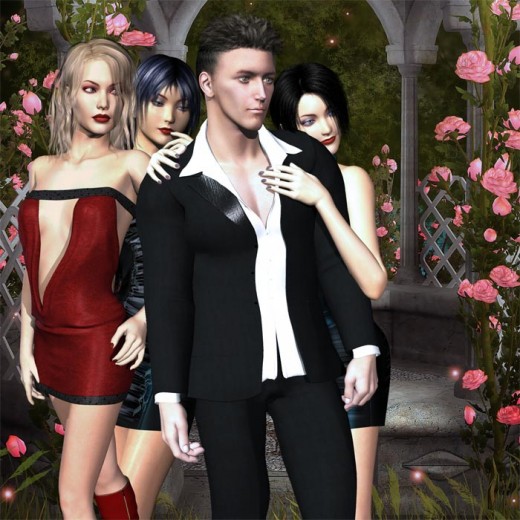Man in black and white standing with three women.