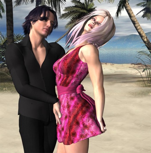 Blonde in pink dress with head thrown back, dancing with man in black on a tropical beach.