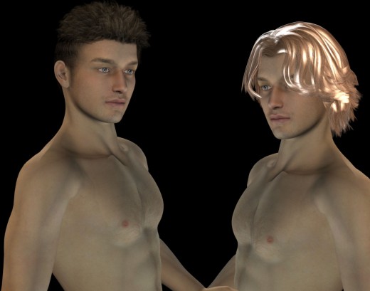 Two men with the same face, but the one to the left has short dark hair, while the one to the right has medium length blonde hair.