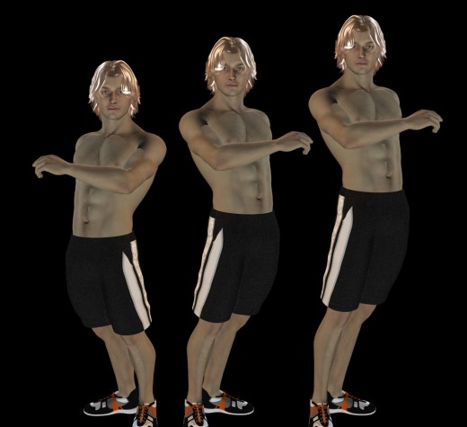 Three men with the same body type and face, but with different heights.