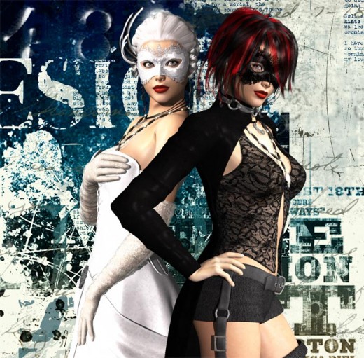 Girl in white mask standing to the left with one hand on chest, girl in black mask standing to the right with hands on hips.