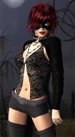 Girl in black mask standing in the night with a white moon.