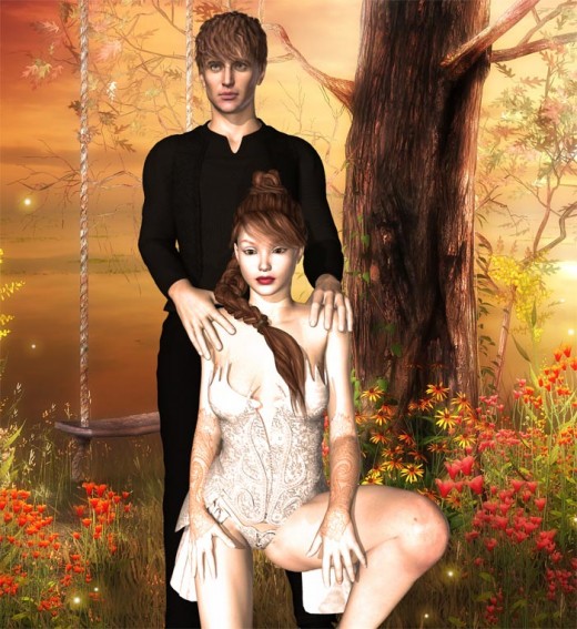 Dancer woman kneeling in front, man behind with hands on her shoulders. Sunset background with swing and flowers.