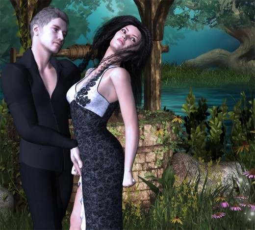 Man in black dancing with lady in black dress in front of a well.