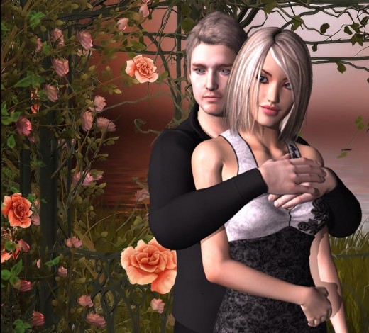 Man in black hugging blonde woman from behind.