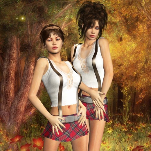 Tall woman (back) and short woman (front) standing in a fantasy forest.