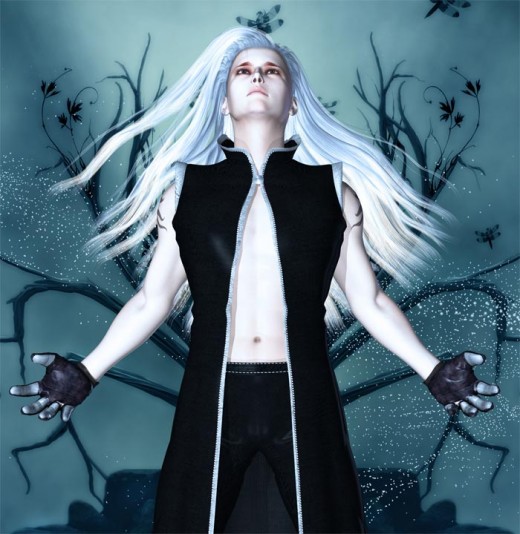Dream wizard standing in front of a split tree with head up and arms out while channeling magic.