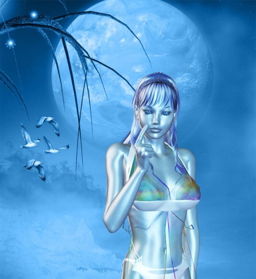 Blue dream lady holding up a finger in warning. Backdrop of birds around a tree branch and a large moon.