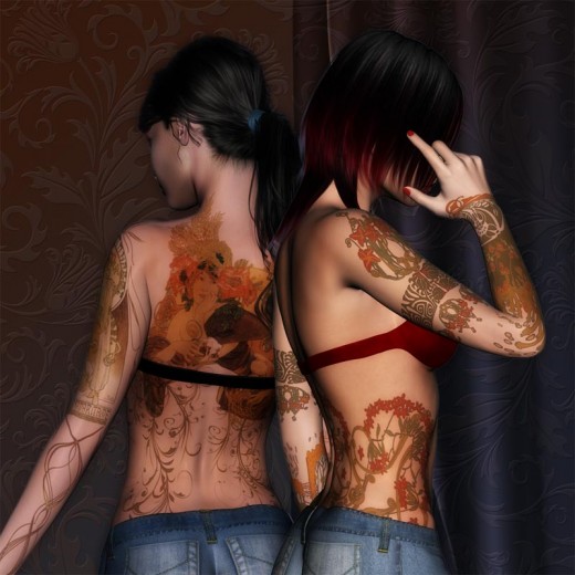Floral dream tattoo girl on the right with arm held up to face, nouveau dream tattoo girl on the left with tattoo on the back of her body.