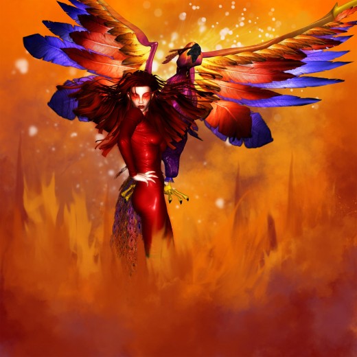 Phoenix Queen striking a pose with hands on her hips and her Phoenix flying up.