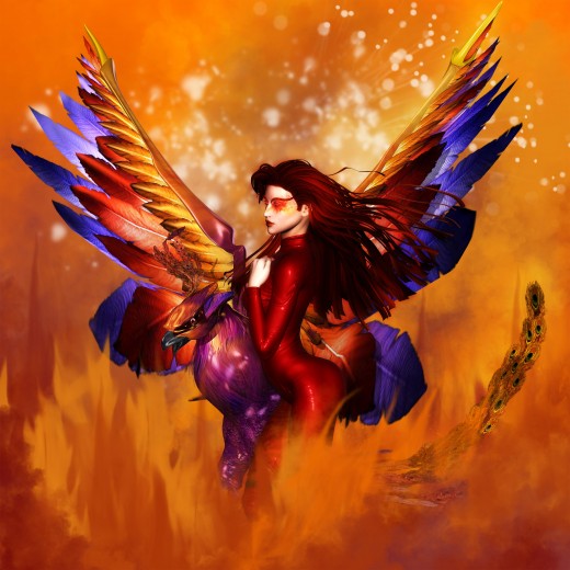Fire Goddess left side-profile shot with Phoenix familiar also turned to the left.